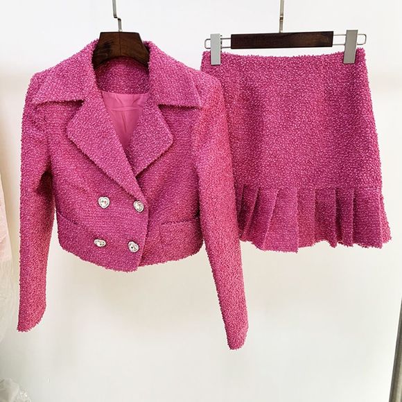 SOLD OUT TEXTURED PINK SET BLAZER AND SKIRT BARBIE CORE TREND JEWELED BUTTONS - Picture 7 of 9